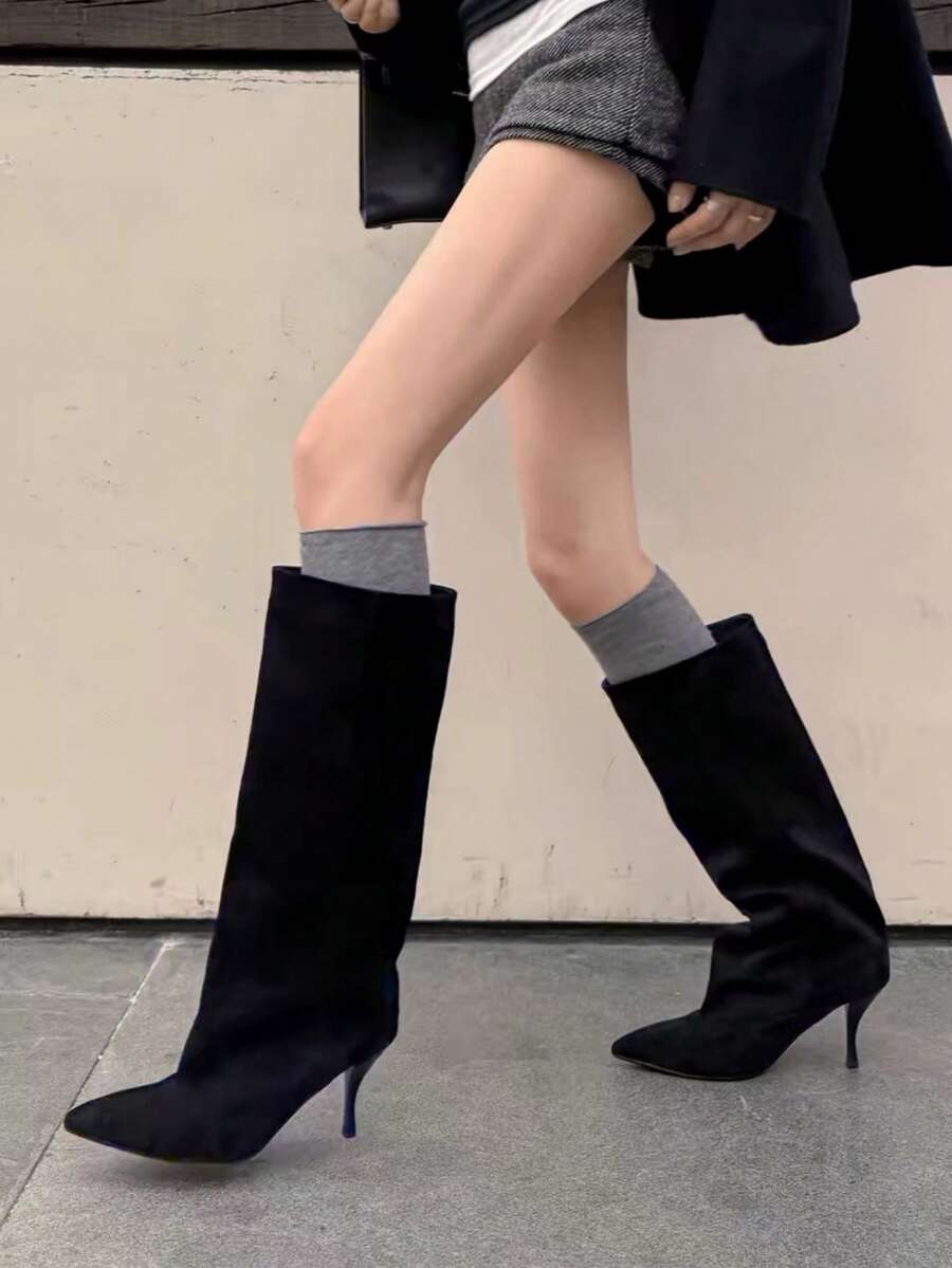 女款過膝高筒靴，秋冬新款，修身高跟粗跟楔形跟可折疊靴