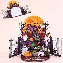 1pc,Handmade Halloween 3d Greeting Card, Featuring A Witch'S House, Pumpkin Lantern, And Ghost Patterns In Purple And Orange Color Scheme For An Eerie Party Invitation. Suitable For Halloween Decoration, Classroom Setup, And Parties. - Multiple Styles - View 3
