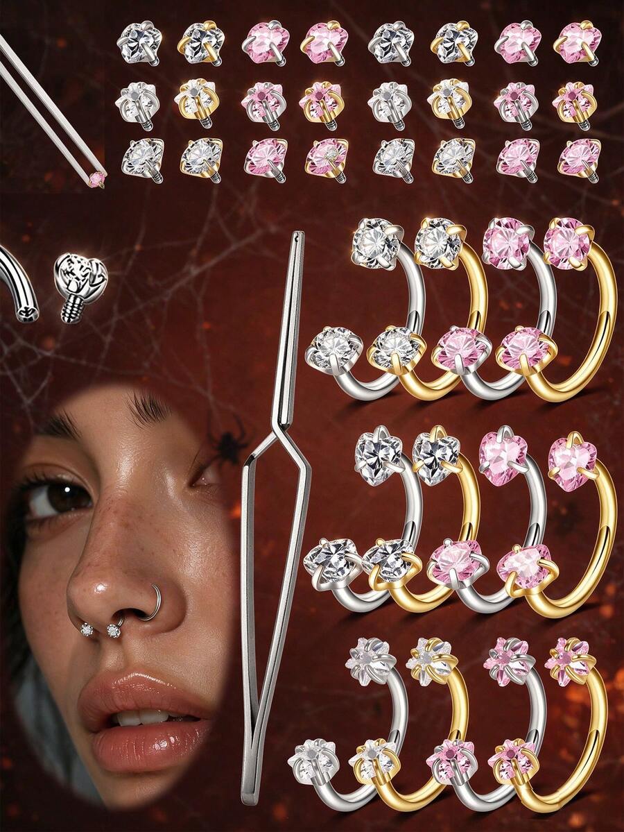 3pcs Stainless Steel Horseshoe Septum Nose Rings With 1pc Piercing Tool And 1pc Guide Needle, Round Zirconia Rhinestone Ear Cartilage Ear Bead Ear Canal Body Piercing Jewelry 18G 8MM - Multicolor - View 1