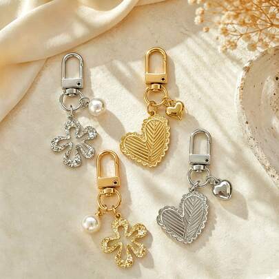 1pc/Multi-Pcs Women's Lace Leaf Vein Line Asymmetrical Heart Pendant Vintage Hammered Texture Flower Charm 3D Heart Faux Pearl Accessory Keychain Minimalist Elegant Bag Charm