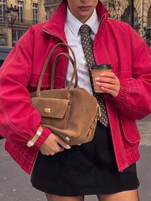Women's Solid Color Funnel Neck Quilted American Bomber Jacket, Utility High Street Casual Commute Sporty Fashion Autumn/Winter Aviator Jacket - Red - View 3