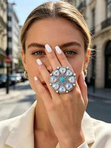 Women's Charming Jewelry Bohemian Vintage Style Heart-Shaped AB Rhinestone Elastic Ring, Suitable For Daily Wear Or As A Holiday Gift For Women - Rings - View 11