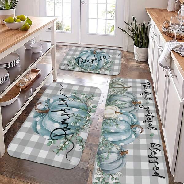 Kitchen Mat Set, Thanksgiving Pumpkin Print Design, Autumn Harvest Theme For Halloween & Christmas Decor, 0.47inch Thick Flannel Sponge Material, Indoor/Outdoor Use - Perfect For Hallway, Balcony, Bathroom, Laundry Room, Entryway, And Home Décor