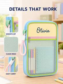 Custom Logo & Text Minimalist Large Capacity Pencil Case, Stationery Bag, Pencil Pouch For Students, Back To School Gift, The Material Used Is A Combination Of Mesh Fabric And Oxford Fabric, Back To School Season, Graduation Season - Multicolor - View 4