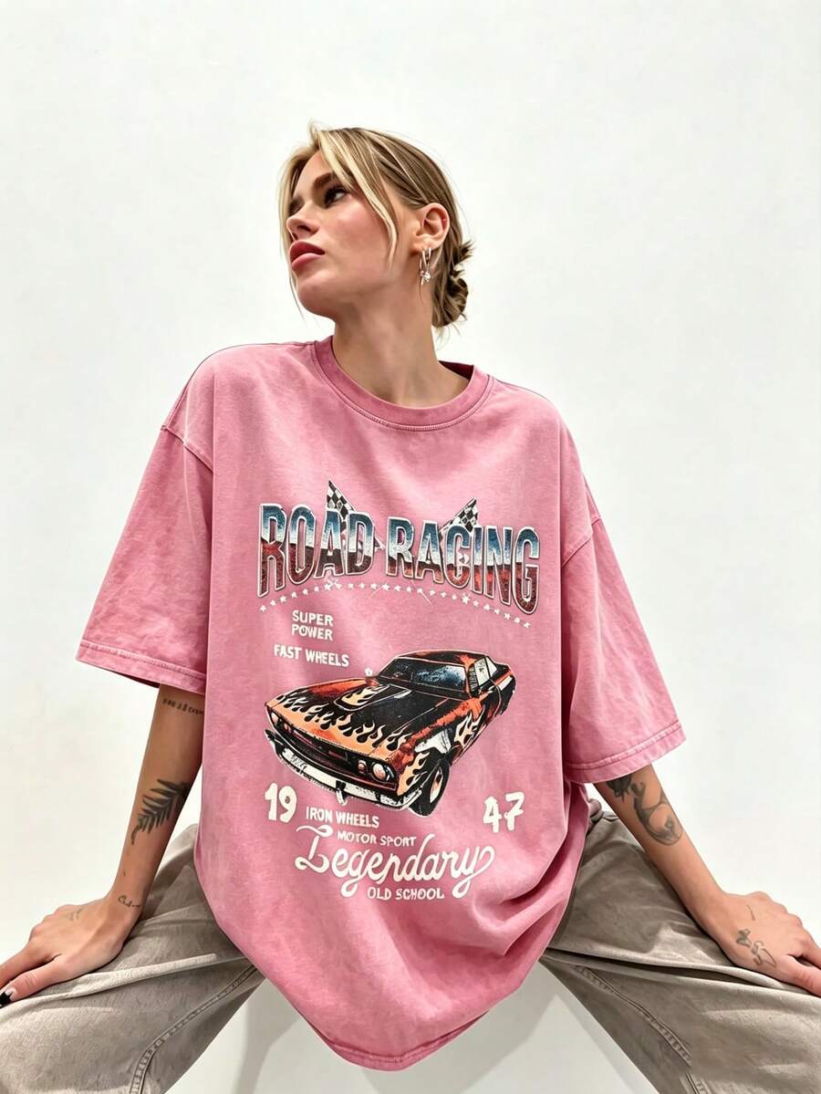 Women's Summer Casual T-Shirt, Y2K Letter & Car Print Round Neck Short Sleeve Crew Neck Tee For Holiday, Vacation, Spring Festival & Graphic Summer - Red 1 - 查看 1