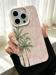 1pc Cream Leather Texture Raised Large Camera Frame Phone Case, Light Pink Watercolor Fan-Shaped Background With Palm Tree Print, Shockproof Soft Protective Phone Case, Suitable For Apple17/16/11/12/13/14/15/15Pro/15Plus/15ProMax/7Plus/8Plus/X/XsMax/Xr/11Pro/13Pro/14Pro/11ProMax/12ProMax/13ProMax/14ProMax/14Plus/7/8/16Pro/16Plus/16ProMax/17Pro/17e/17ProMax - Multicolor - View 3