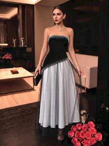 Women's Strapless Pearl Beaded Colorblock Long Dress, Heavy Beaded Black & White Mesh Strapless Long Dress Fall Wedding Party - Black - View 8