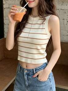 美式復古條紋針織女款背心上衣 夏季性感修身短版露腰拼接上衣 - 焦糖 - 查看 5