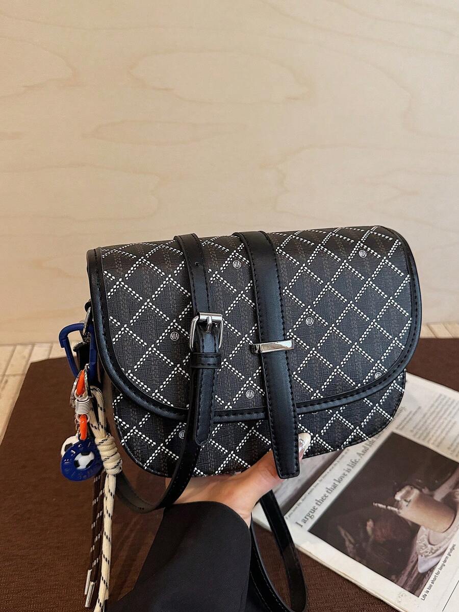 SHIMEINI New Fashion Printed Buckle Decor Shoulder Crossbody Bag, Retro Style Saddle Bag, Women's Daily Use, Work Commute, Vacation Travel, Holiday, - Black - View 1