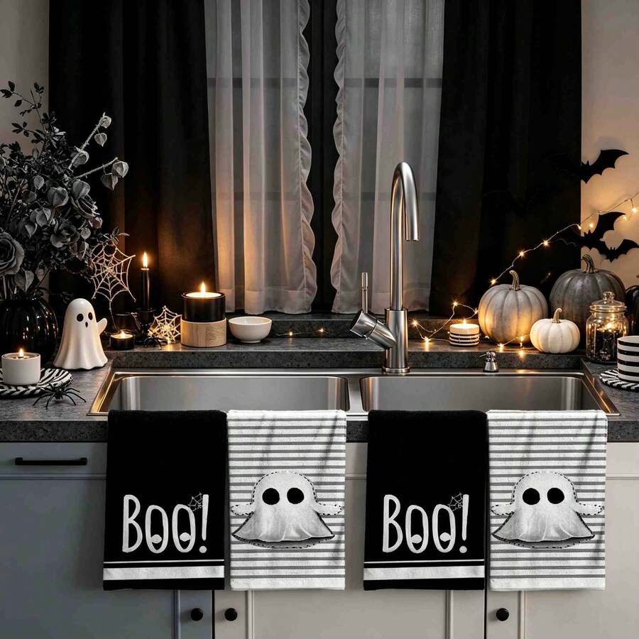 2/4/48pcs Halloween Series Minimalist Ghost Pattern Printed Kitchen Towels - Ultra Soft, Highly Absorbent Polyester Dishcloths And Hand Towels, Perfect For Holiday Decor, Kitchen Decor, Party Decor.