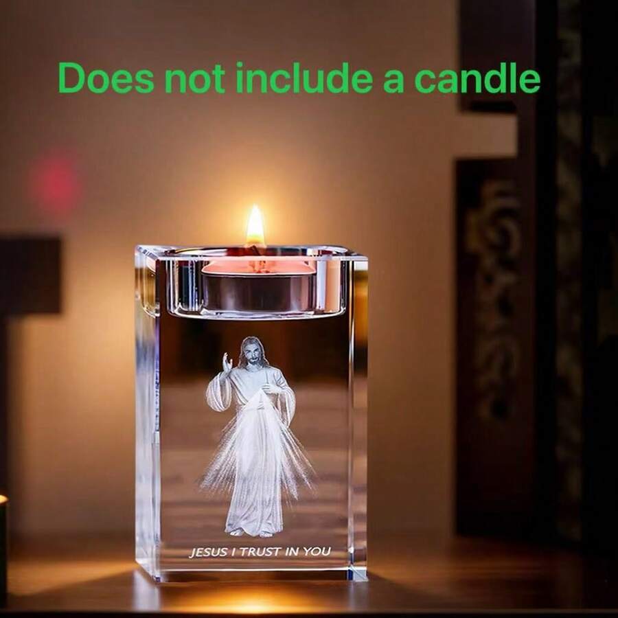 1pc 3D Laser Engraved Jesus Crystal Tealight Candle Holder, Sacred Heart Prayer Decor, Suitable For Christmas Easter Home Altar Prayer Room Ornament, Christian Religious Gift (Candle Not Included) - Multi-color - View 1