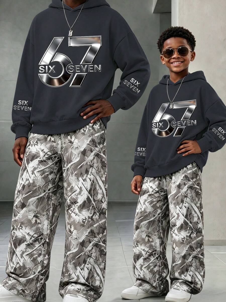 2 Potong Setelan Anak Laki-Laki Remaja, Hoodie dan Celana Panjang Kasual Lebar dengan Desain "SIX SEVEN", Set Baru Modis dan Keren untuk Musim Gugur/Dingin - Dark Grey - View 1