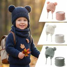 Knitted Baby Hat And Scarf Set, Winter Warm Unisex Toddler Beanie With Warm Lining And Pom Pom - Double Ball Small Earmuffs Two-piece Set - View 1
