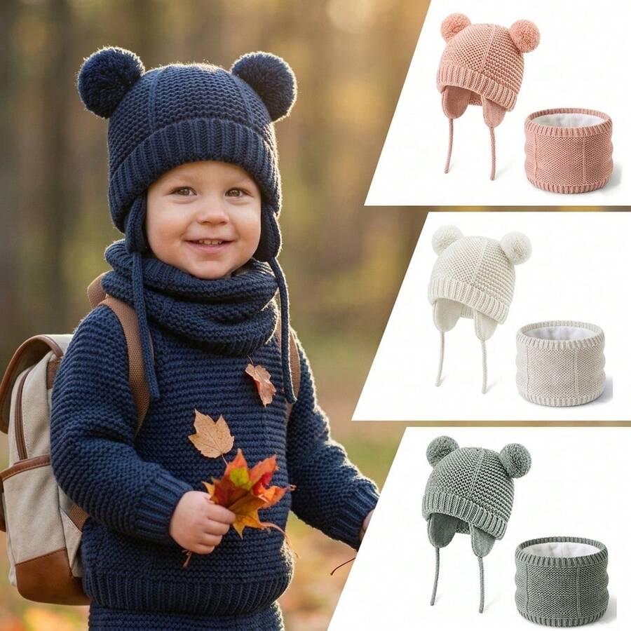 Knitted Baby Hat And Scarf Set, Winter Warm Unisex Toddler Beanie With Warm Lining And Pom Pom - Double Ball Small Earmuffs Two-piece Set - View 1