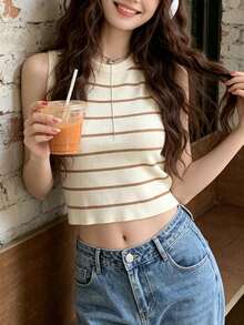 美式復古條紋針織女款背心上衣 夏季性感修身短版露腰拼接上衣 - 焦糖 - 查看 7