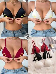 3pcs/Set Multi-Color Women's Bra Set, Front Closure, Wireless, Fixed Padding, Detachable Straps, Camisole And Cross Back Design, Suitable For A-C Cup - Multicolor - View 2