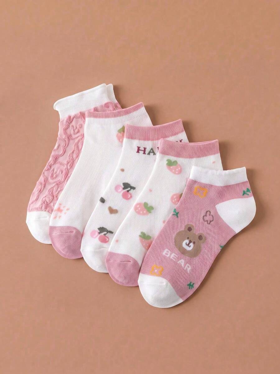 5 Pairs Women's Cute Cartoon Bear Strawberry Cherry Short Socks, Hollow Floral Letter Tube Socks, Comfortable Soft Short Socks, Cute Korean Style Sweet Casual Socks, Suitable For Spring And Summer Wear. - Multicolor - View 1