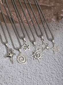 6pcs/1pc Men's & Women's Vintage Gothic Hip Hop Star Flame Spiral Sun Heart Pendant Stainless Steel Chain Necklace Set, Includes 6 Mixed European Baroque Cross Pendant Necklaces, Suitable For Christmas, New Year, Valentine's Day And Other Holidays - Silver - View 7