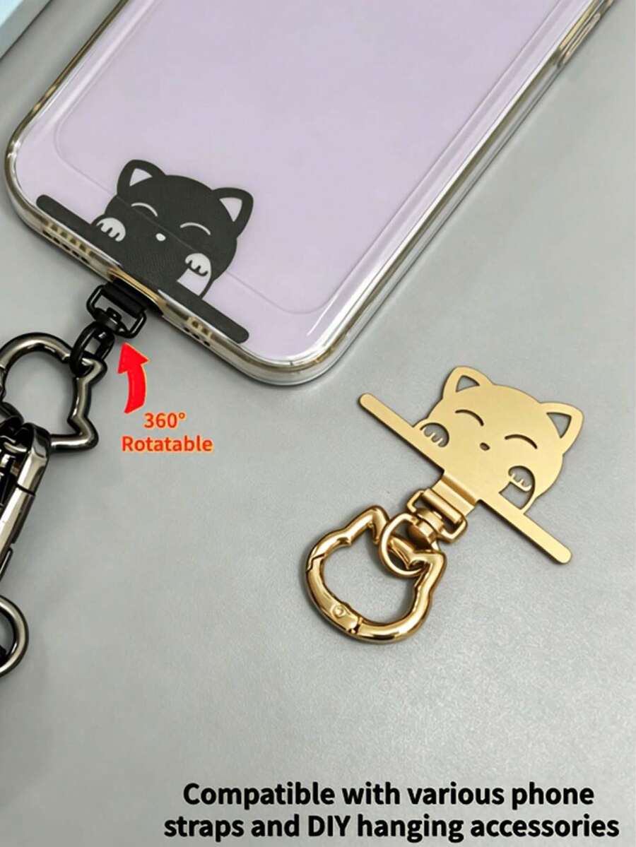 360° Rotatable Cartoon Cat Stainless Steel Connector, With Metal Cat Head Spring Clip, Metal Phone Lanyard Clip, Hanging Ring Buckle, For Connecting Phone And Lanyard