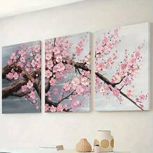 3-Piece Frameless Spring Wall Art Set - Pink Cherry Blossoms And Branches, Modern Classic Decorative Canvas Prints, Suitable For Living Room, Bedroom, Home Office, Landscape Painting, Indoor Use - A - View 7