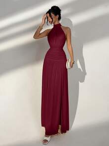 Elegant Yellow Halter Ruched Waist Backless Mesh Maxi Dress, Perfect For Beach Vacation, Going Out Wear, Summer Party, Graduation Wedding - Burgundy - View 2