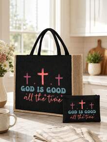 黑色亞麻托特包套組，含「GOD IS GOOD」大號購物托特包與配套拉鍊化妝收納包，靈感聖經金句花卉圖案，大容量托特包適合裝書本、雜貨與日常必需品，拉鍊收納包可存放化妝品、筆、鑰匙與小件個人物品，適合教會活動、日常購物、上學通勤與週末旅行，女性生日與喬遷禮物，返校季適用 - 彩色 - 查看 13