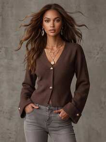 Women's Autumn/Winter New French Romantic Casual Versatile Minimalist Elegant Knit Cardigan Top - Brown - View 2