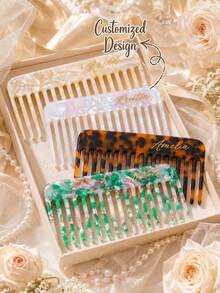 Personalized Custom Wide Tooth Initial Acetate Hair Comb,Personalized Elegant Ladies' Retro Acetate Comb With Faux Pearl Name Design-Hair Accessory,Detangling Marble Pattern Portable Hairbrush With Customized Name,Gift For Friends Family Bridesmaid - Multicolor - View 2