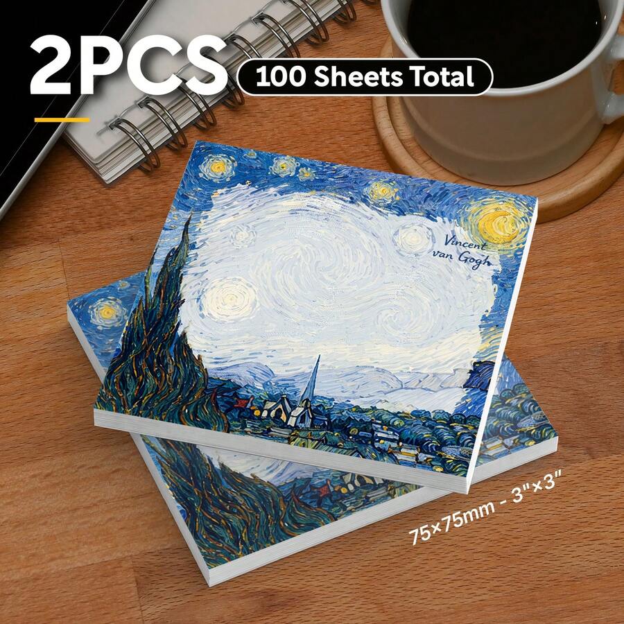 2 Packs 100 Sheets Van Gogh Starry Night Sticky Notes, Vintage Landscape Oil Painting Style Self-Adhesive Blank Memo Pads, Desktop Reminder Notes, Office School Home Stationery Supplies - 75 X 75 mm - View 1