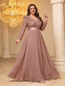 V-Neck Doll Dress With 3/4 Sleeve, Sequin Patchwork Flared Skirt - Dusty Pink - View 3