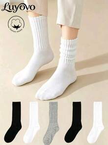 1/3/6 Pairs Women's Casual Knitted Socks, Elastic Socks, Mid-Calf Socks, Spring/Autumn Style, Pilates Socks, Yoga Socks - Multicolor - View 1