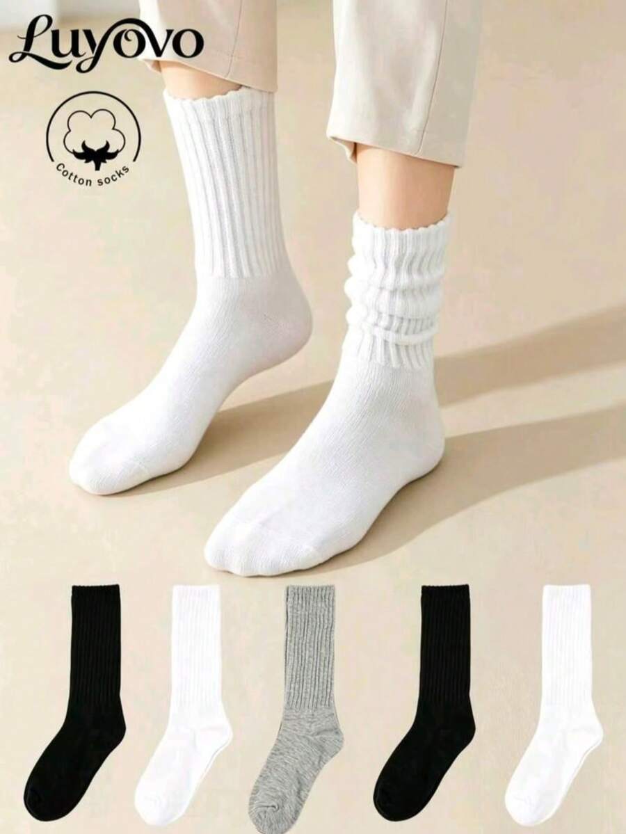 1/3/6 Pairs Women's Casual Knitted Socks, Elastic Socks, Mid-Calf Socks, Spring/Autumn Style, Pilates Socks, Yoga Socks - Multicolor - View 1