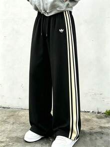 Whitmere Men's Casual Sports Sweatpants, Classic 3-Stripe Wide Leg Joggers With Drawstring Pockets, Loose Straight Leg Track Pants - Black - View 3