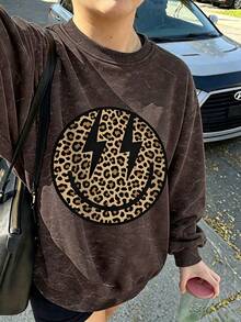 Girls' Western Style Sweatshirt, Leopard Print Lightning Smile Face Chest Graphic, Vintage Washed Autumn/Winter Campus Top - Brown - View 8