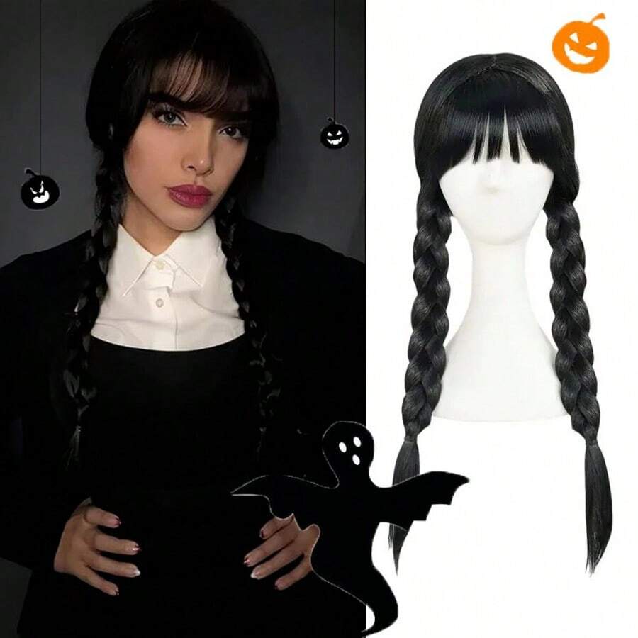 1pc Gothic Black Bangs Double Braids Wig, Dark Halloween Wig, Suitable For Halloween Festival Events, Theme Parties, Costume Parties, Cosplay, Decorative Wig
