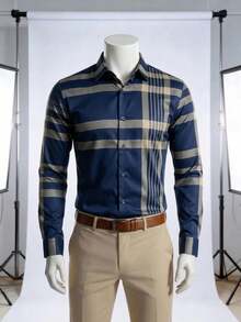Men's Striped Long Sleeve Single-Breasted Casual Commuter Shirt - Navy Blue - View 8
