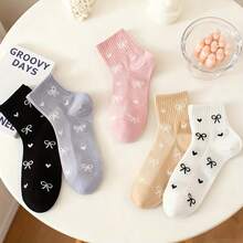 5 Pairs Women's Mid-Calf Socks - Bow & Heart Multi-Color Breathable Versatile Valentine's Day Couple Socks, Suitable For All Seasons - Multicolor - View 4
