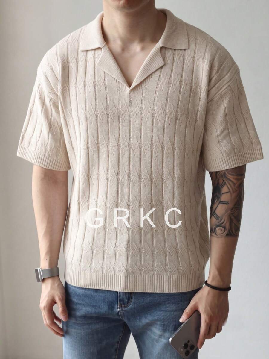 GRKC Spring Summer Men's New Casual Loose Minimalist Solid Color Twisted Rope Ribbed Pattern Korean Style Versatile Commute Niche Fashion Polo Collar Pullover Short Sleeve Knit T-Shirt Top - Apricot - View 1