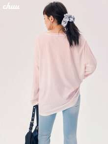CHUU Printed Gradient T-Shirt Women Autumn Dopamine Lace Patchwork Sheer V-Neck Long Sleeve Top - Baby Pink - View 5