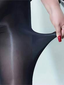 Black Plus Size Shiny Glossy High Waist Sheer Tights, Sexy Nightclub Style - Multicolor - View 8