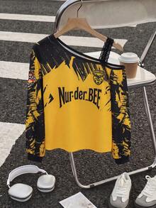 Kaos Panjang Wanita Gaya Jersey Dortmund Kasual dengan Kerah Asimetris dan Renda Warna Kontras, Ukuran Besar, Cocok untuk Pemakaian Sehari-hari dan Kegiatan Musim Gugur/Dingin - Kuning - View 8