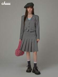 CHUU High Waist Button Pleated Skirt For Women, Autumn College Style Letter Embroidery A-Line Skirt - Grey - View 4