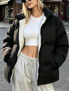 Women's Loose Black Lamb Fleece Lined Winter Down Jacket, Stand Collar Thickened Warm Versatile Padded Coat - Black - View 3
