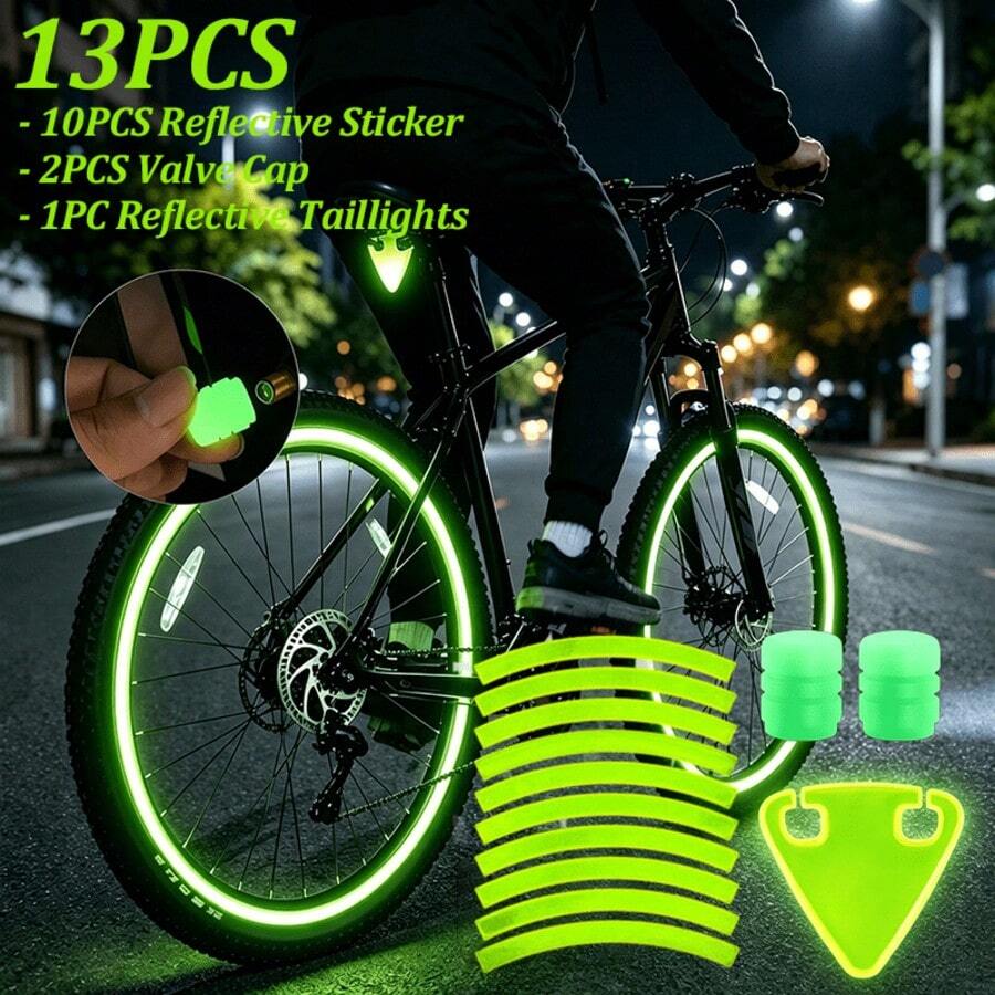13pcs Bicycle Reflective Accessories Set, Wheel Hub Reflective Stickers + Valve Caps + Reflective Tail Light Clips, Night Riding Warning Decoration - Multicolor - View 1