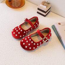 女童天鵝絨珍珠刺繡抽繩平底瑪麗珍鞋，圓頭復古風兒童鞋 - 紅色 - 查看 1