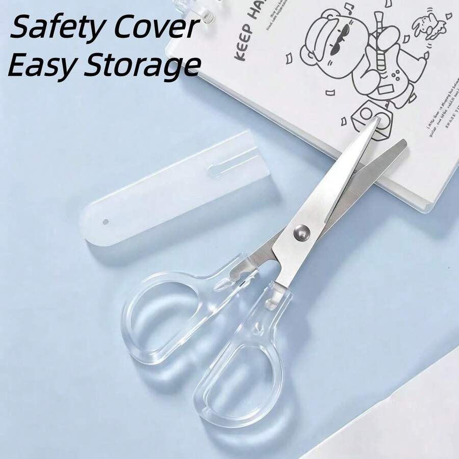 Gunting Pelajar Gagang Transparan, Gunting Pengaman Ujung Bulat Stainless Steel dengan Penutup Penyimpanan, Gunting Kerajinan Mini Portabel, Cocok untuk Anak Sekolah, Perlengkapan Memotong Kertas, Kain, dan Kulit untuk Seni dan DIY - Sepotong Tunggal - View 1