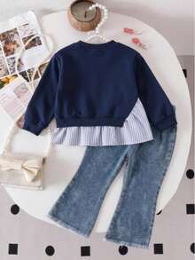 Baby Girl Navy Blue 2 In 1 Floral Sweatshirt Set, Striped Patchwork Hem 3D Blue Flower Long Sleeve Top, Raw Edge Denim Flared Pants 2-Piece Set - Navy Blue - View 2