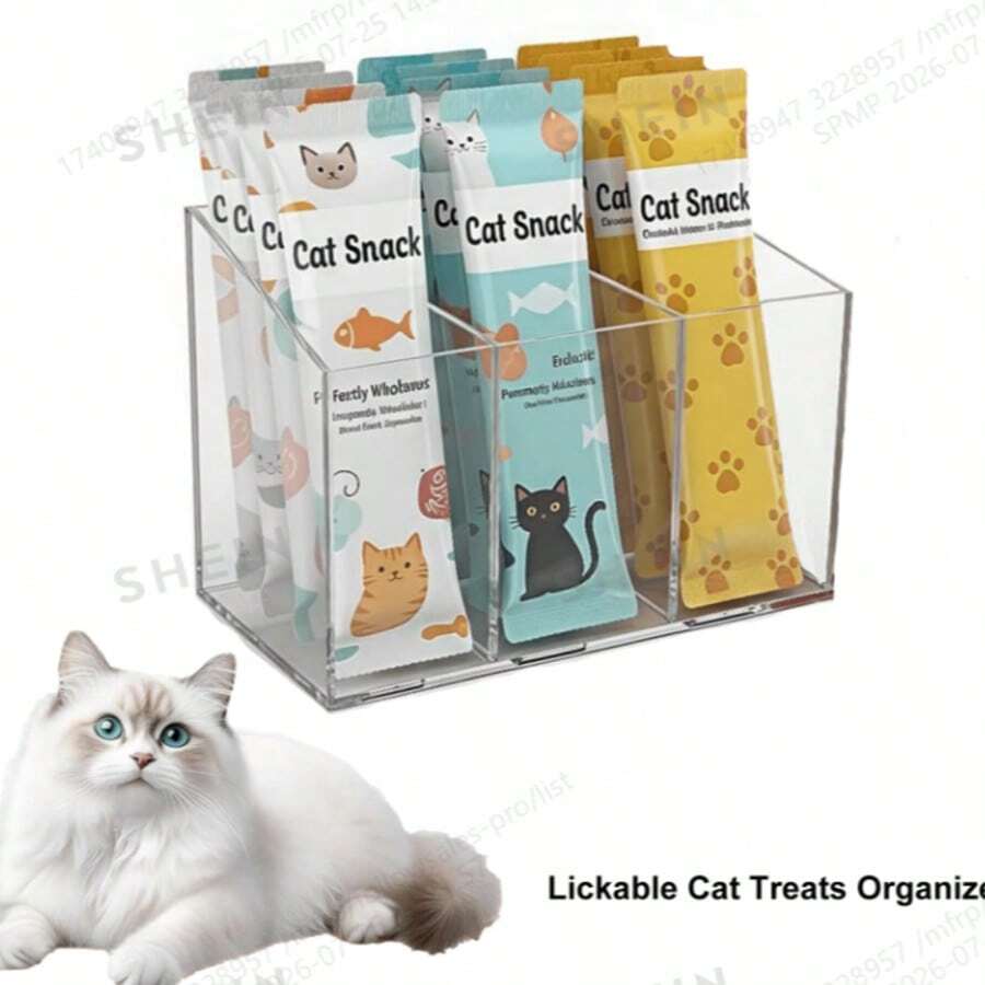 1pc Lickable Cat Treat Storage Box, Acrylic Countertop Treat Organizer, Squeeze-Type Cat Food Storage Container With Removable Dividers, Wet Cat Treat Storage Box, Suitable For Kitchen Cabinets, Pantry, Refrigerator, Multi-Functional Space-Saving Storage Box - Normal - View 1
