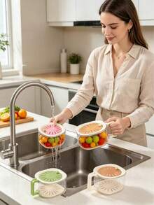 1pc Multi-Functional Colander, Kitchen Vegetable Basket With Lid And Handle, Fruit Washing Tool, Portable Fresh-Keeping Box, Retractable 2-In-1 Thickened Drainer And Vegetable Washing Box, Kitchen Essential, Halloween Christmas - One Size - View 2
