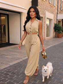 AIJ Women Fall French Casual Two Pieces Set Sleeveless Collared Button Drawstring Crop Top Elastic Waist Jogger Pants Khaki Matching Outfit Elegant Summer - Khaki - View 1